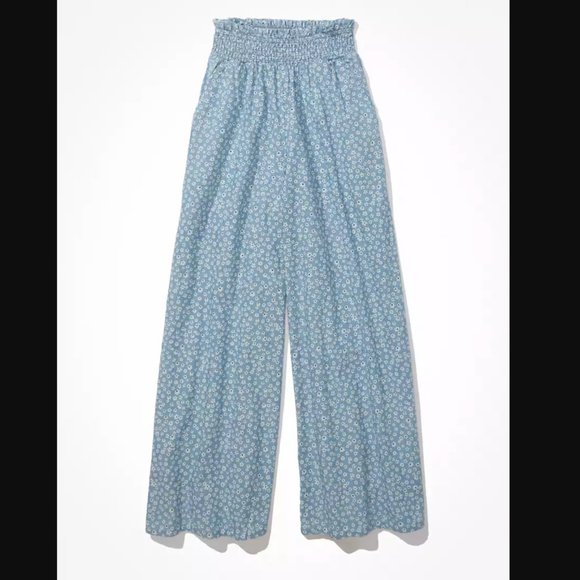American Eagle Light Blue Floral Smocked Wide Leg Pant S NWT - Picture 4 of 9